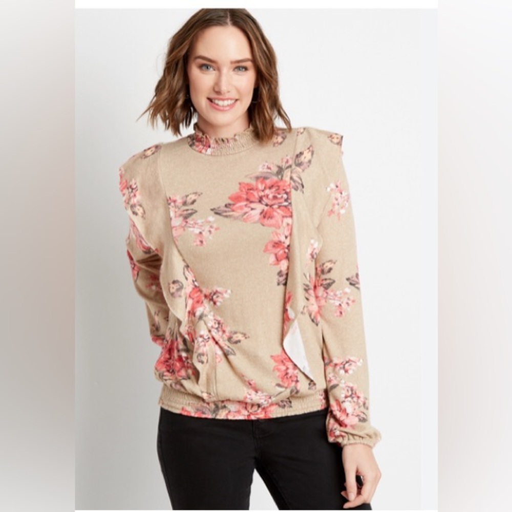 Maurices Soft Tan Floral Ruffled Mock Turtleneck Long Sleeved Blouse